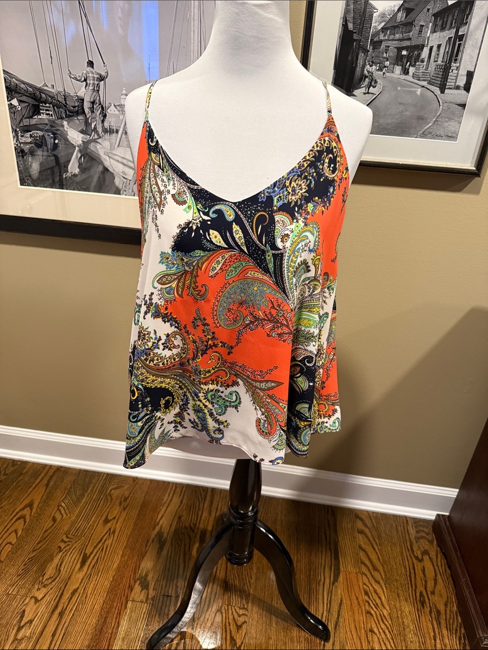 Abbeline Paisley Spaghetti Strap Tank Top - Orange/Black/White